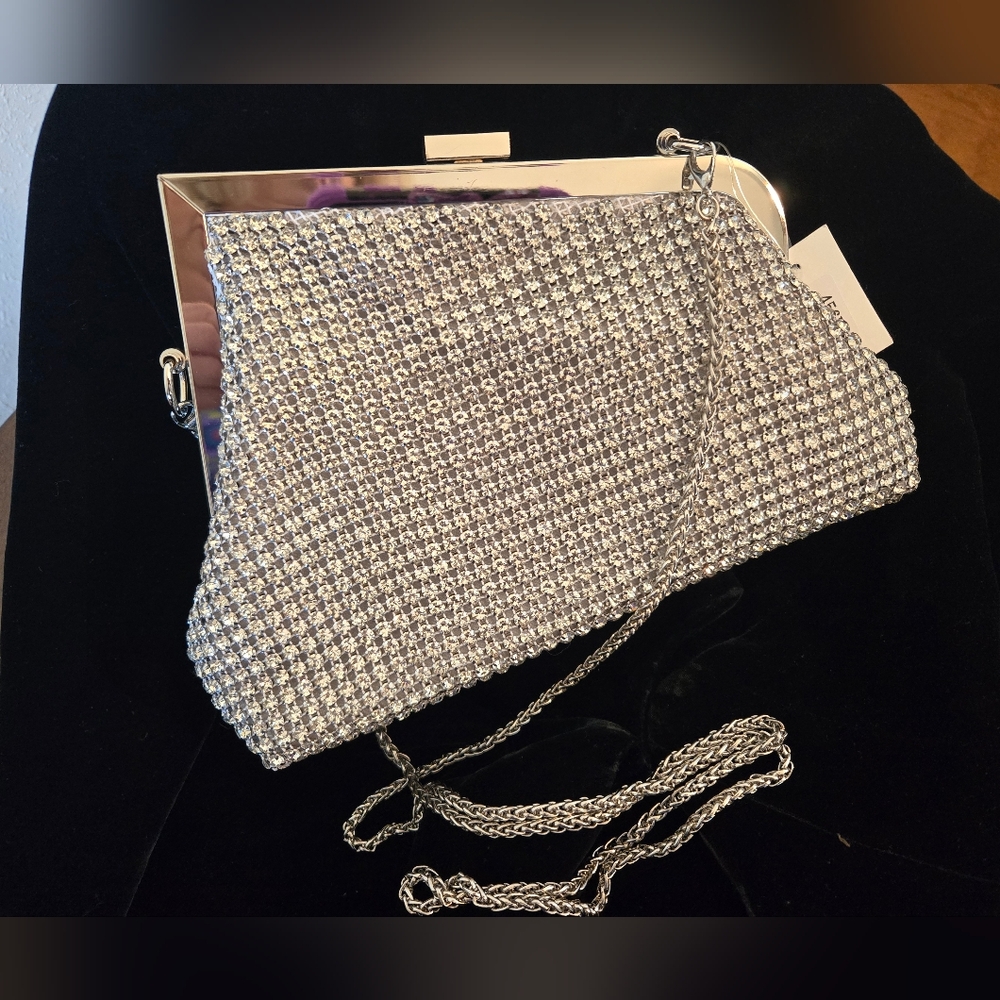 NWT, Elegant Silver Rhinestone Clutch Bag
